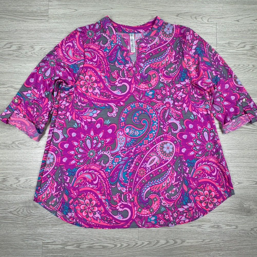 Dear Scarlett Women's Blouse Pink Purple Paisley 3/4 Roll Tab Sleeve L